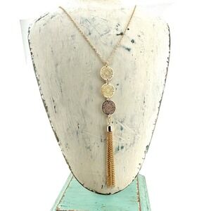 Gold Tone Triple Stacked‎ Medallion Necklace with Chain Tassel